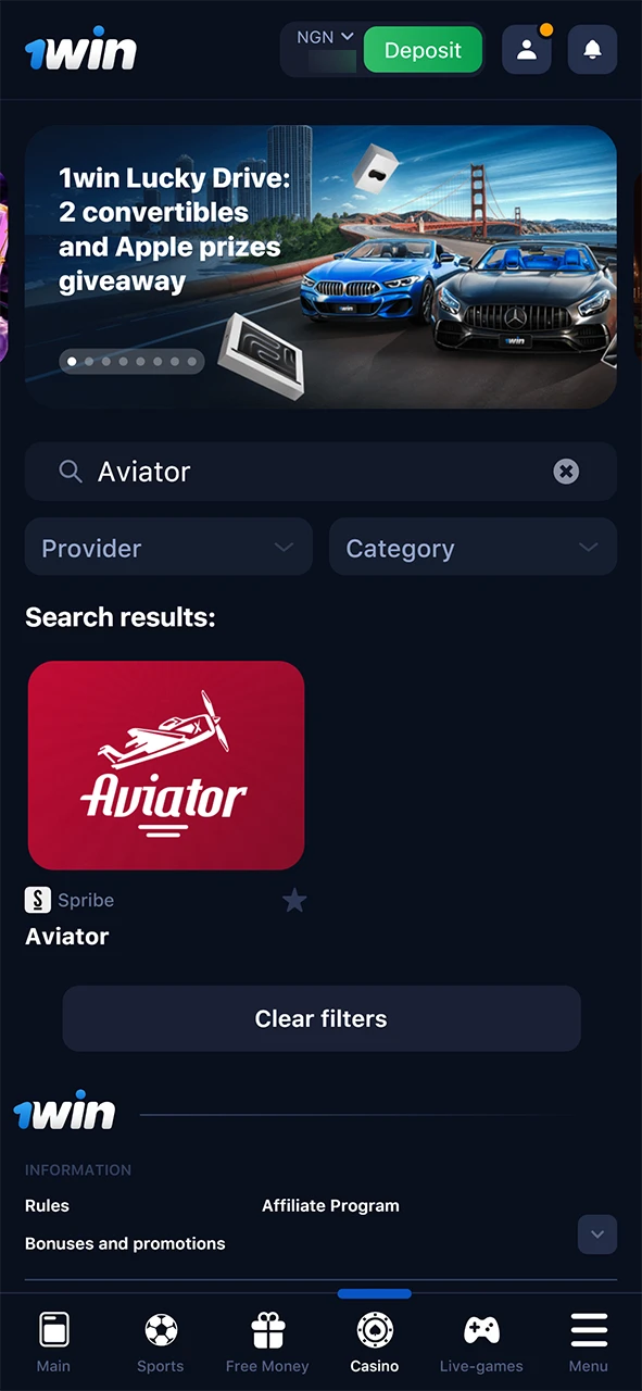 Find the Aviator game on 1win.