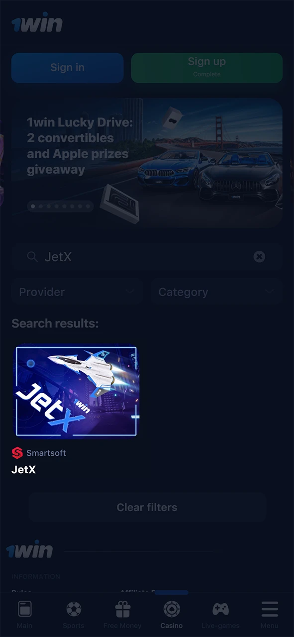 Find JetX on the 1win website.