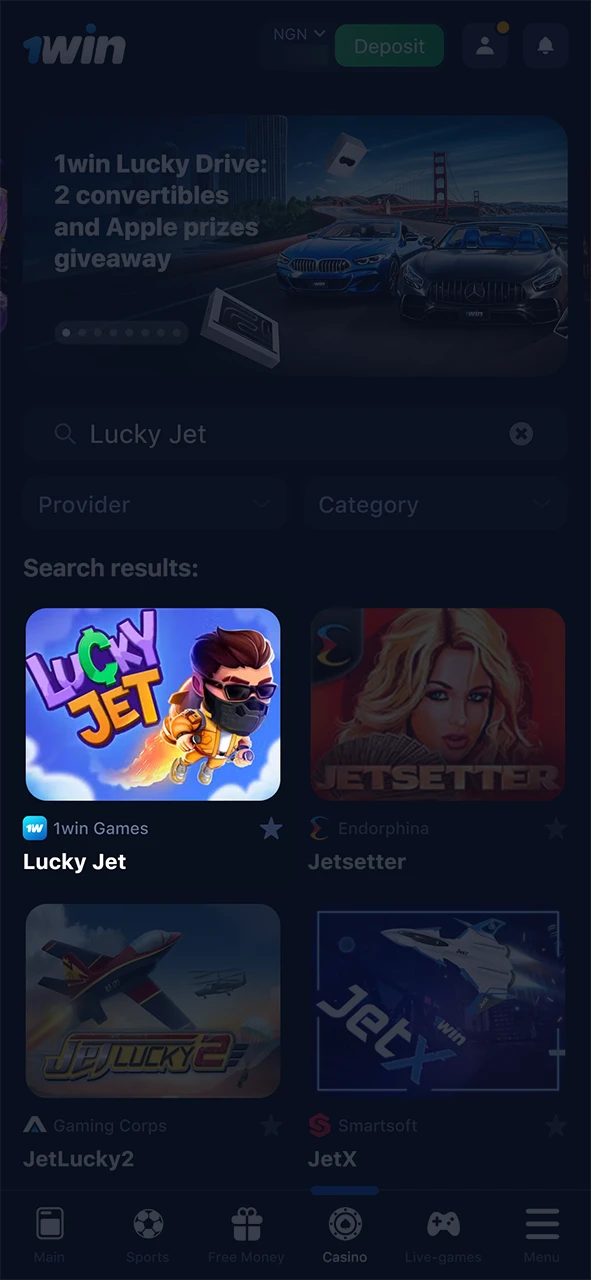 Find Lucky Jet on 1win.