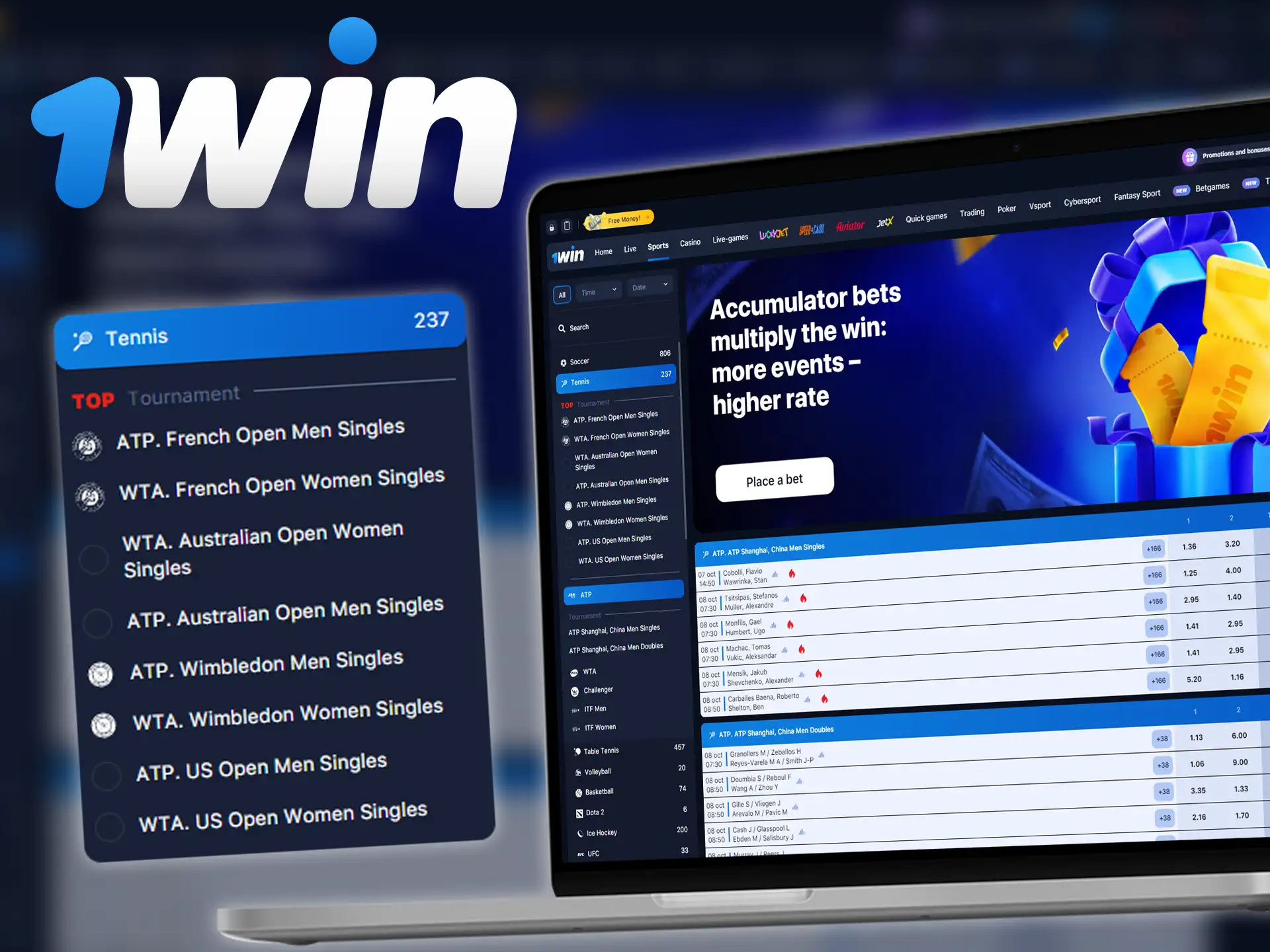 Fans of tennis can place bets on various tournaments and events at 1win website.