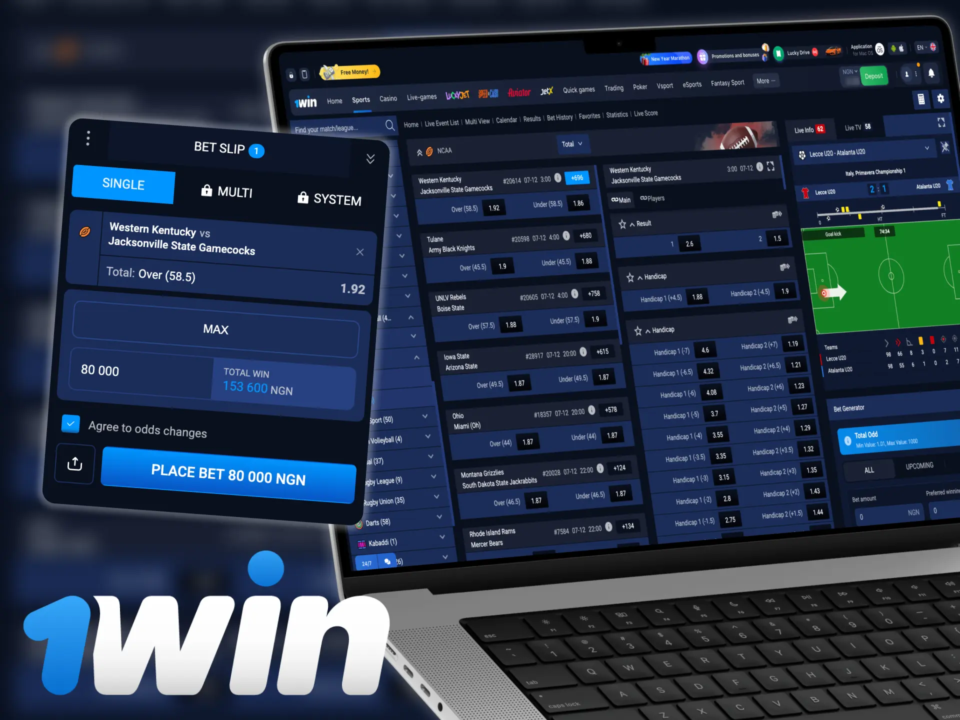 You can bet on American football on the 1win sports website.