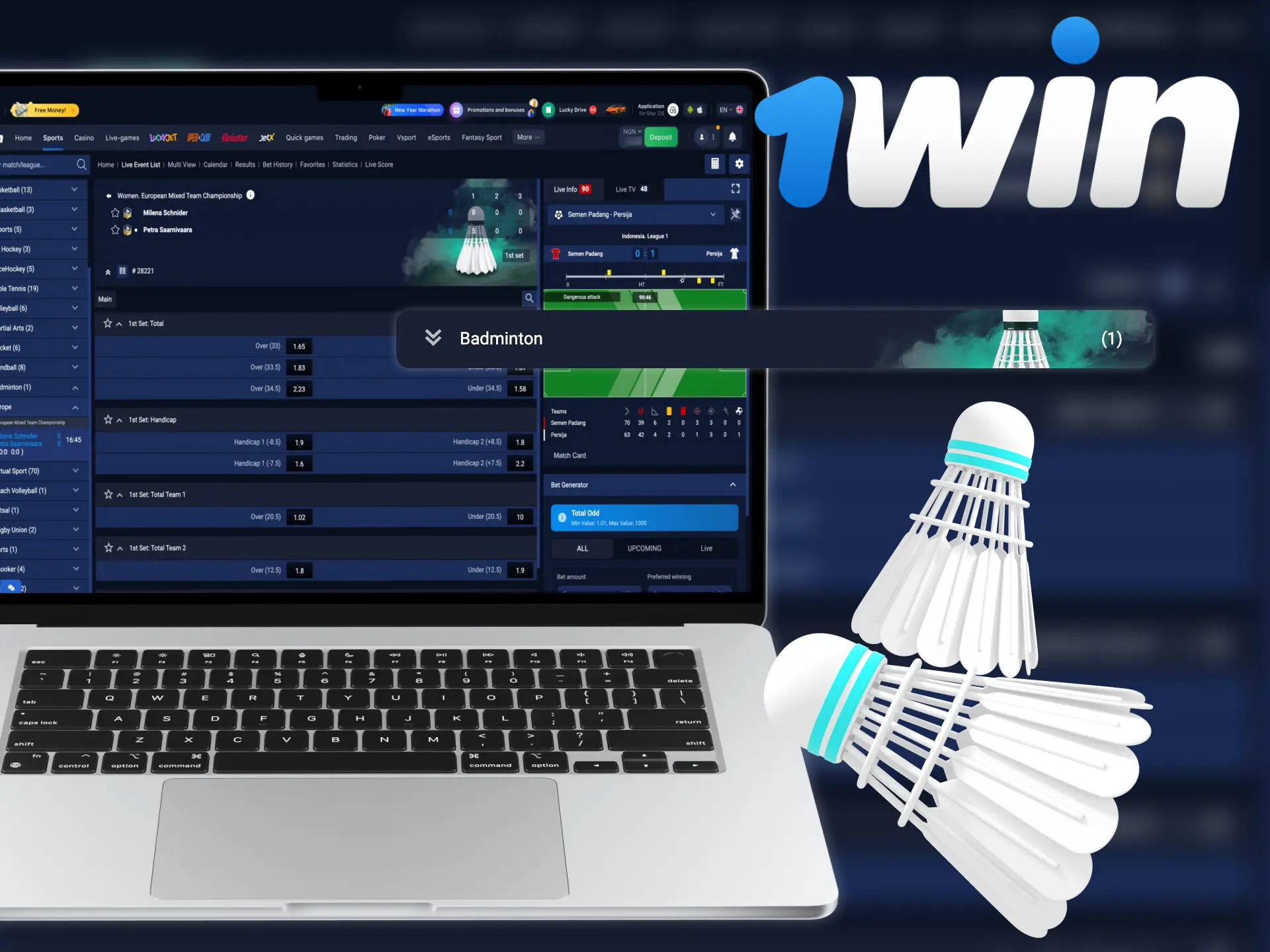 Badminton can be bet on live at 1win platform.