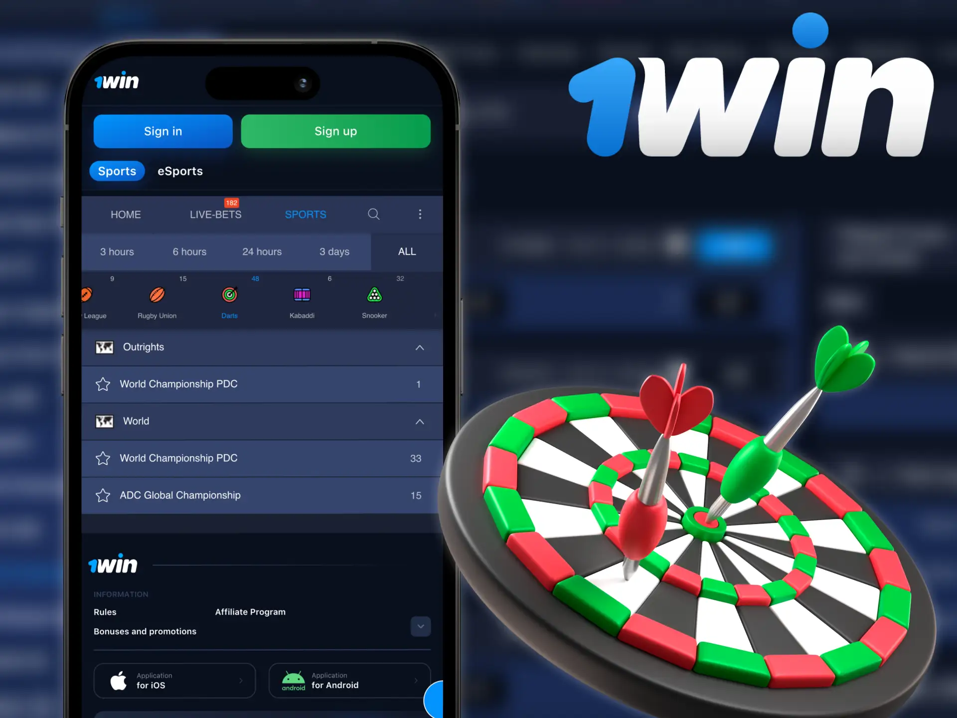 1Win offers the original mobile app for betting on darts.