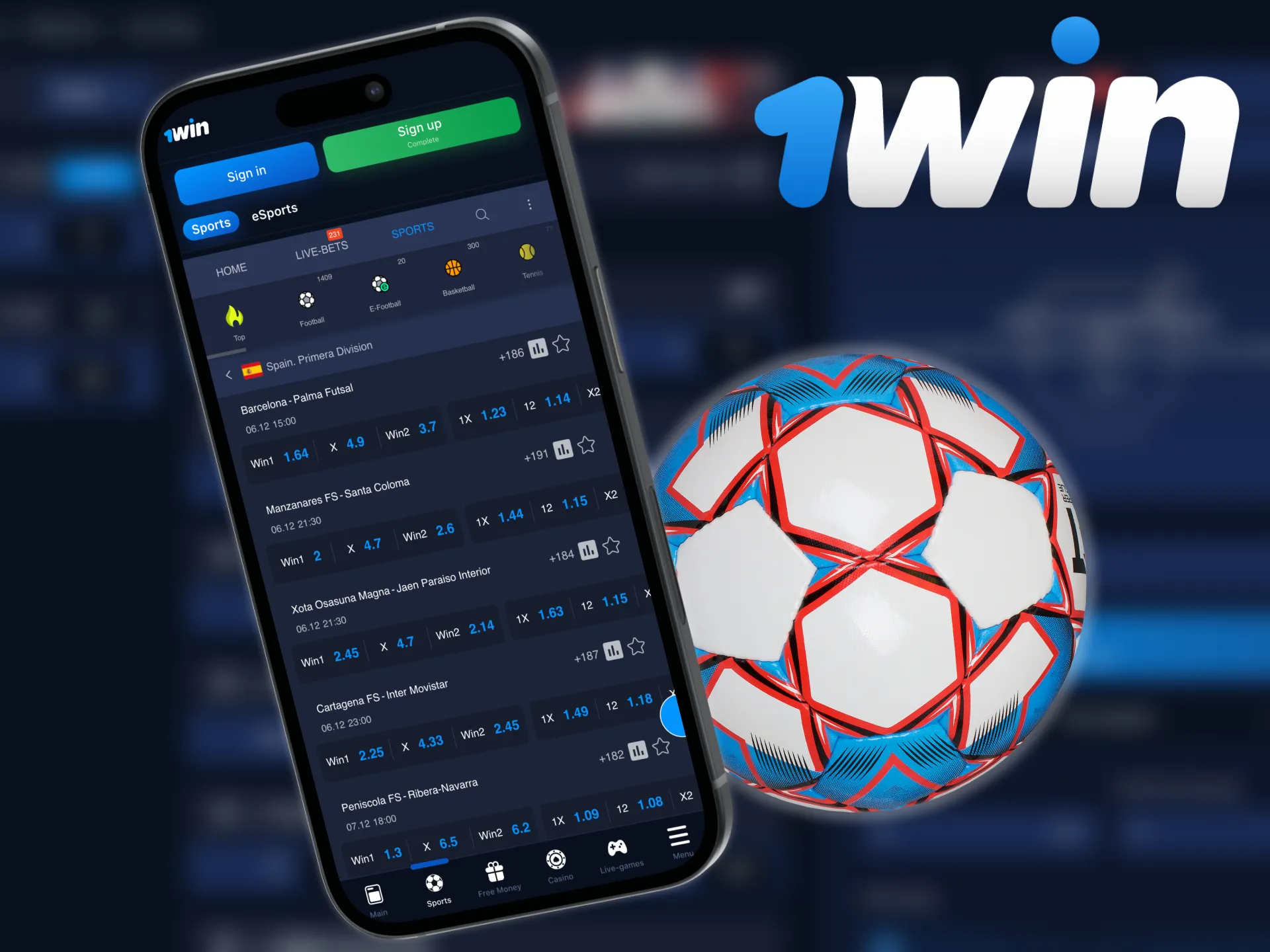 The 1win futsal betting app provides a way to place bets.