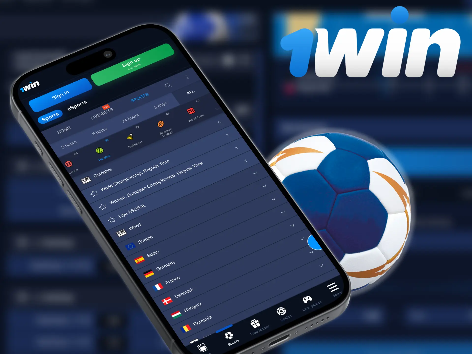 You can place bets on handball in 1win app.