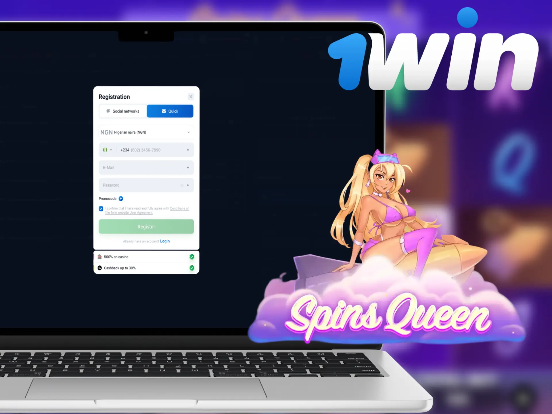 Playing Spins Queen for real money requires a registration on 1win.