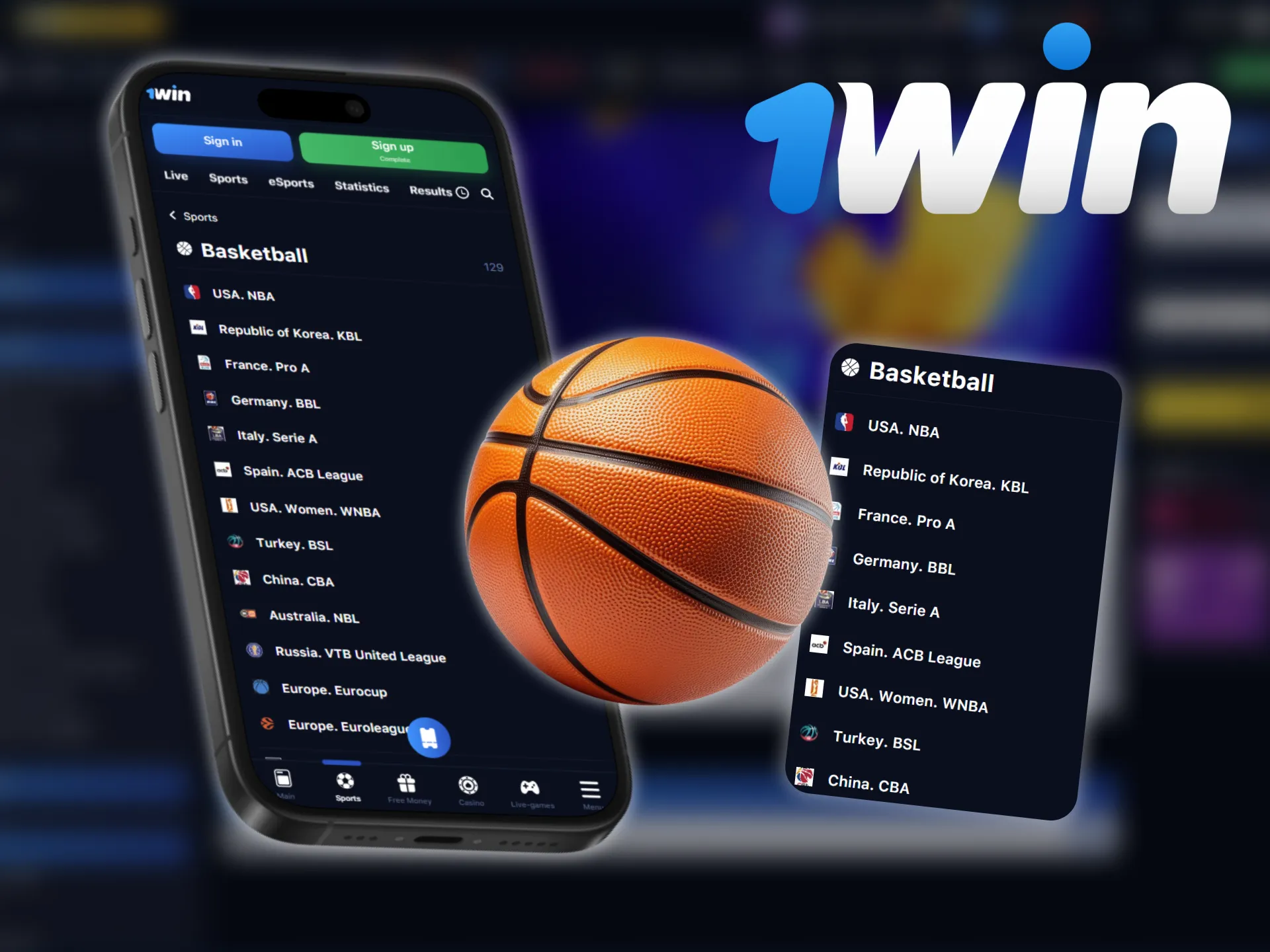 You can use the 1win app to place bets on basketball games.