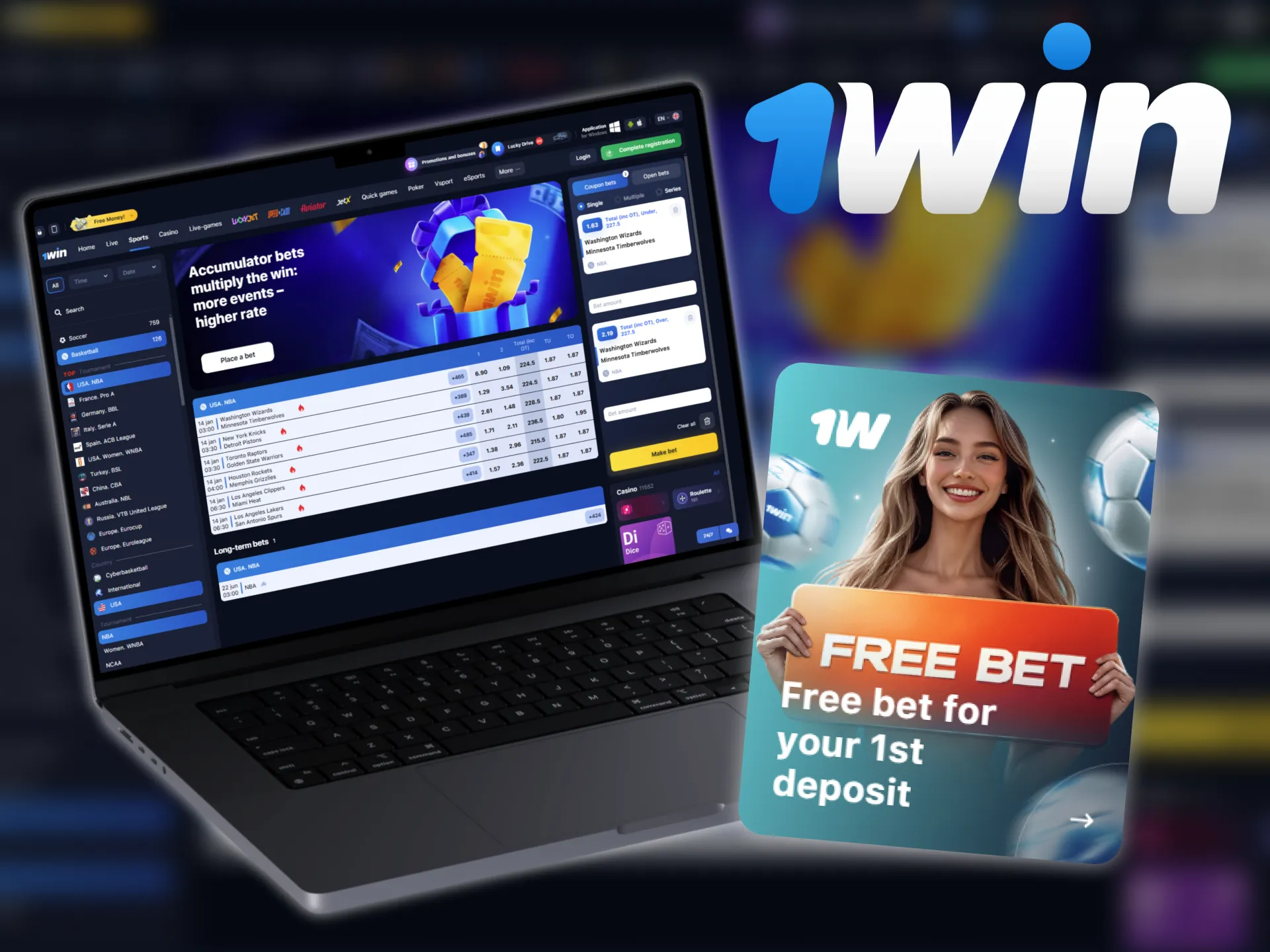 1win is giving away a free bet on first deposit for basketball betting.