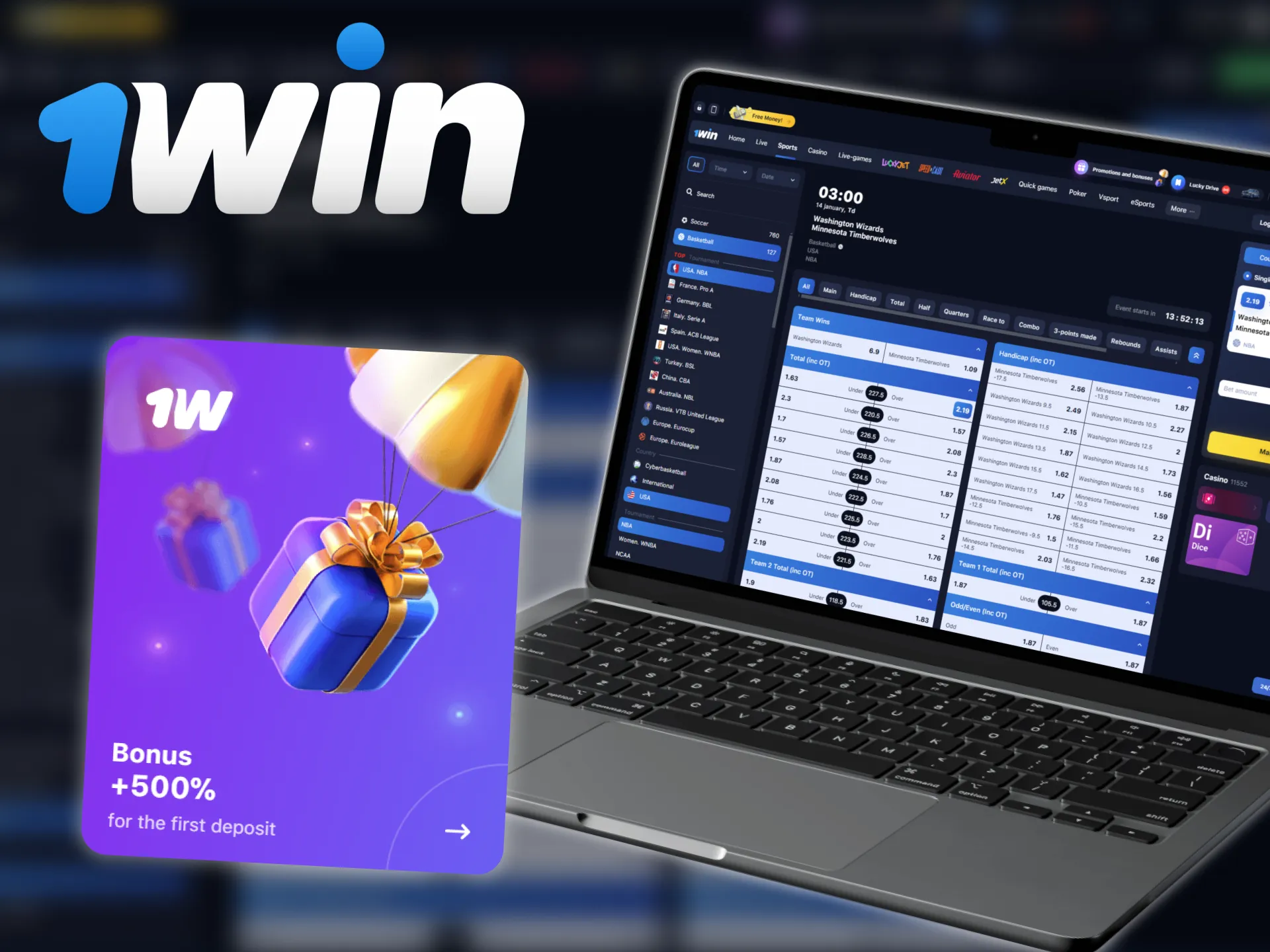 1win offers a generous welcome bonus for placing bets on basketball games.