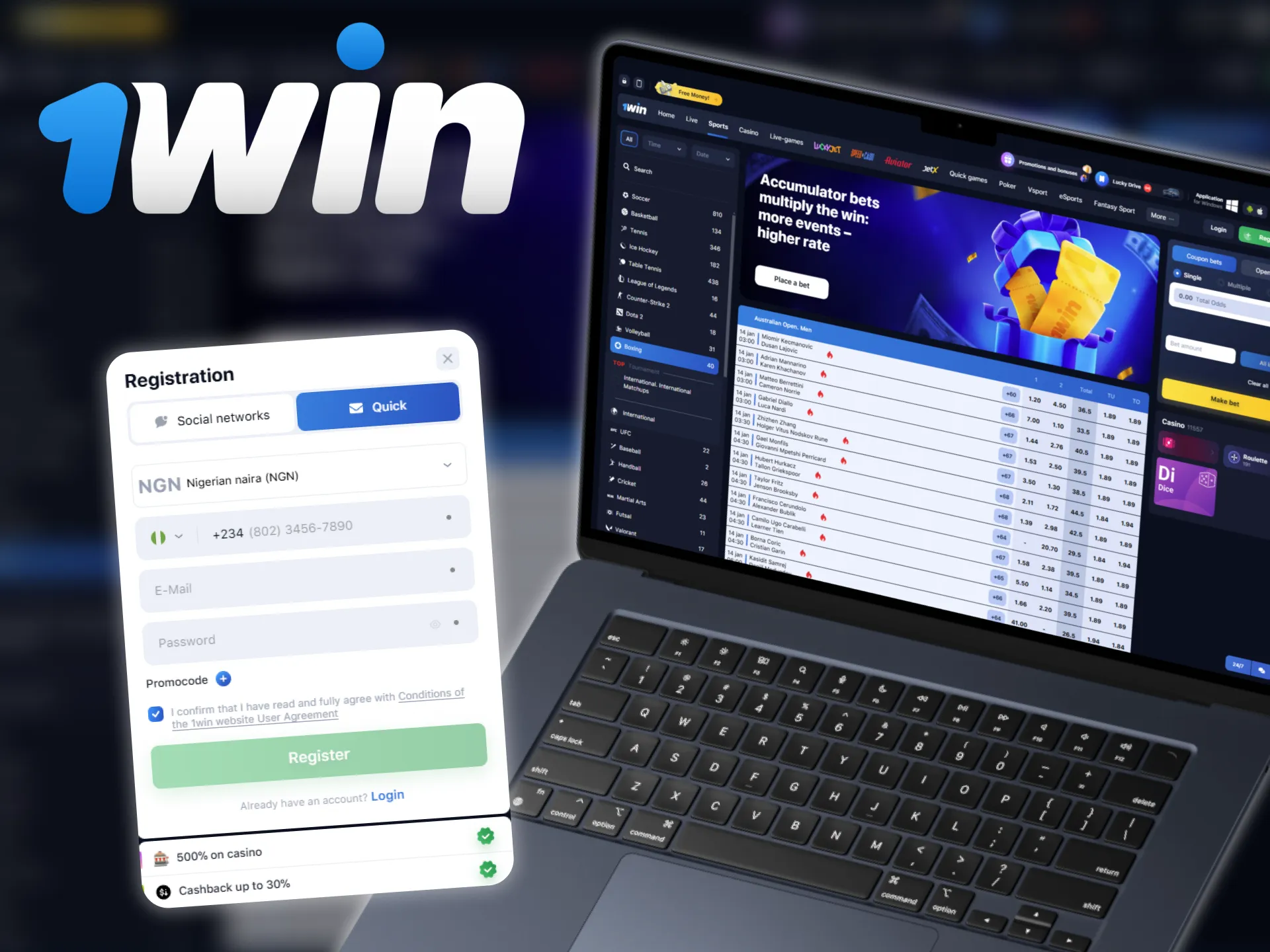 The procedure for registering to bet on boxing at 1win.