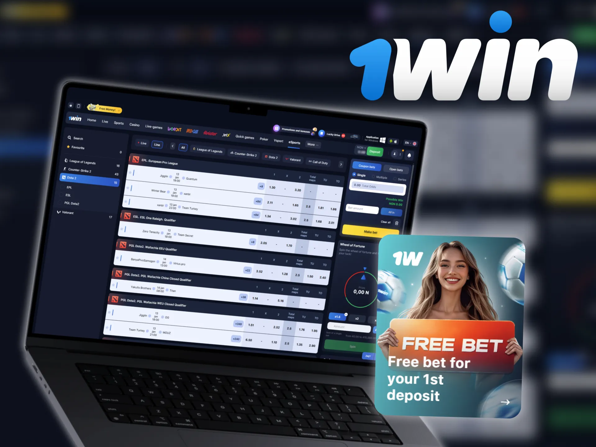 Get a free bet bonus at 1Win for esports betting.