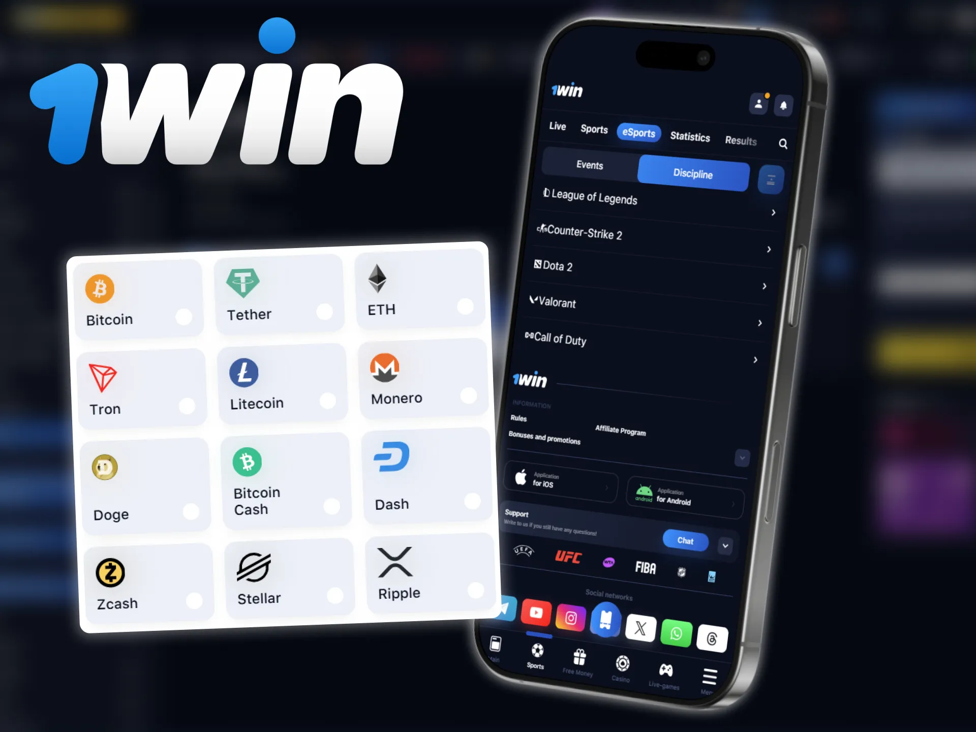 1Win offers a wide range of payment options for esports bets.