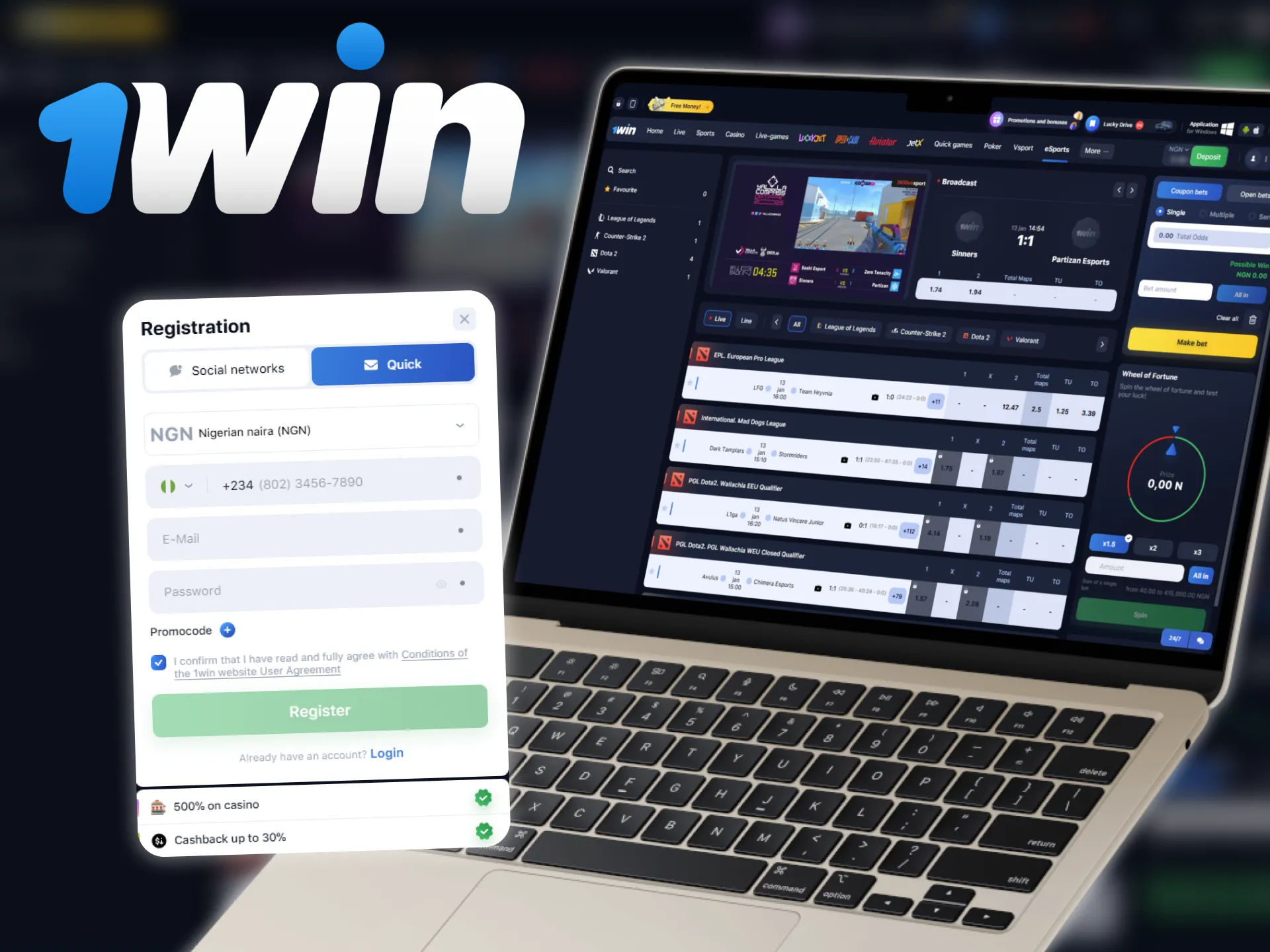 Registration for eSports betting at 1win is a simple process.