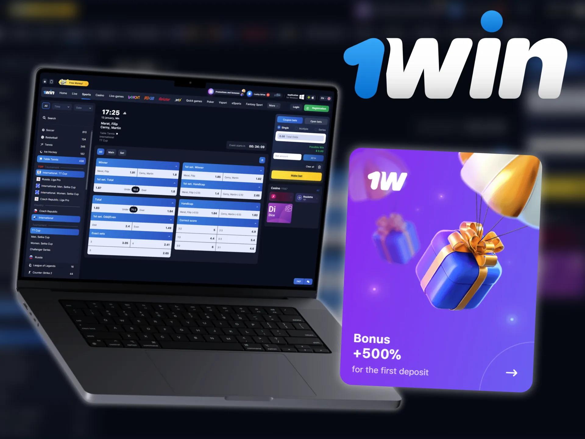 1win is offering a welcome bonus for betting on table tennis.