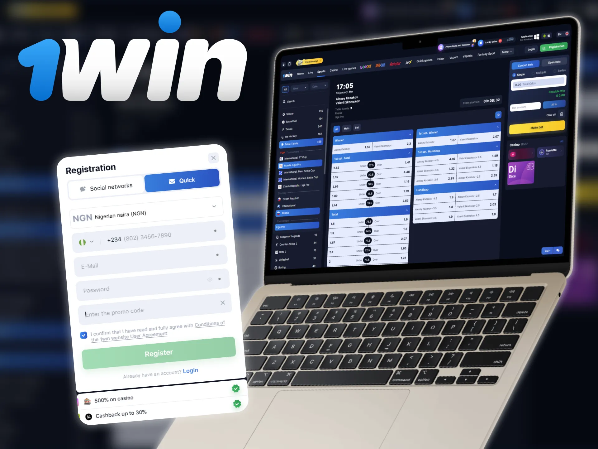 Use the 1win promo code to place bets on table tennis games.