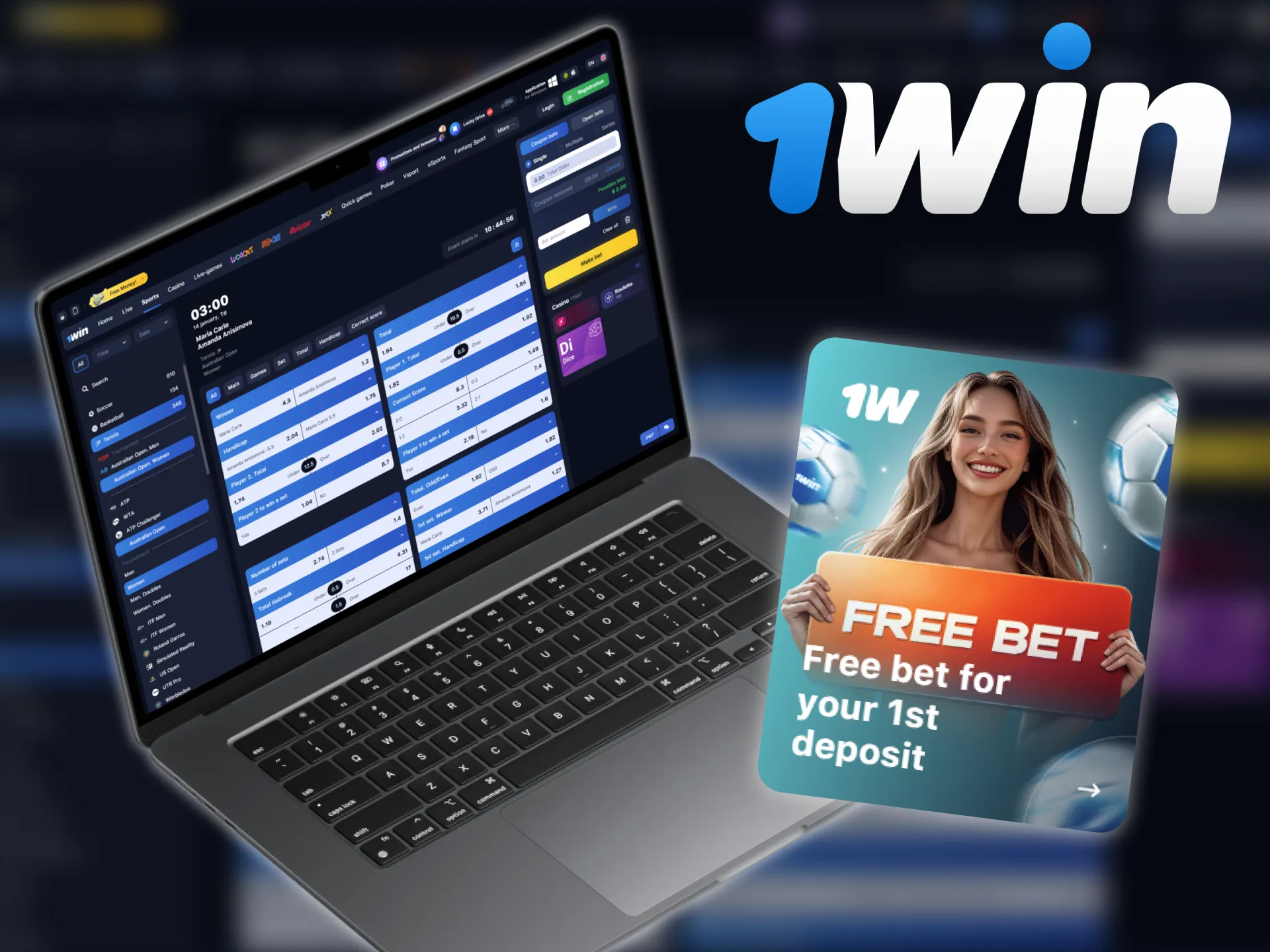 Sign up at 1win and get a bonus for your first bet on tennis games.