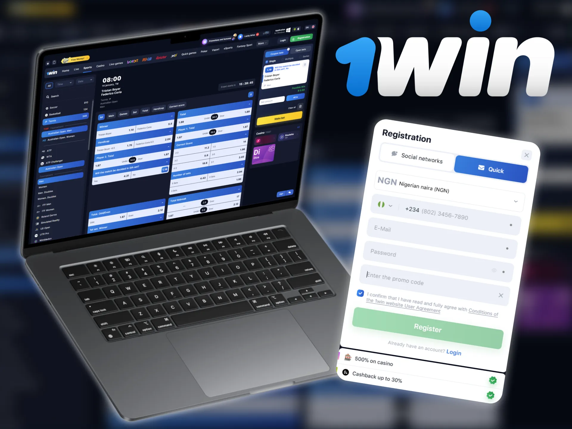 1win provides a promotional code for tennis betting.