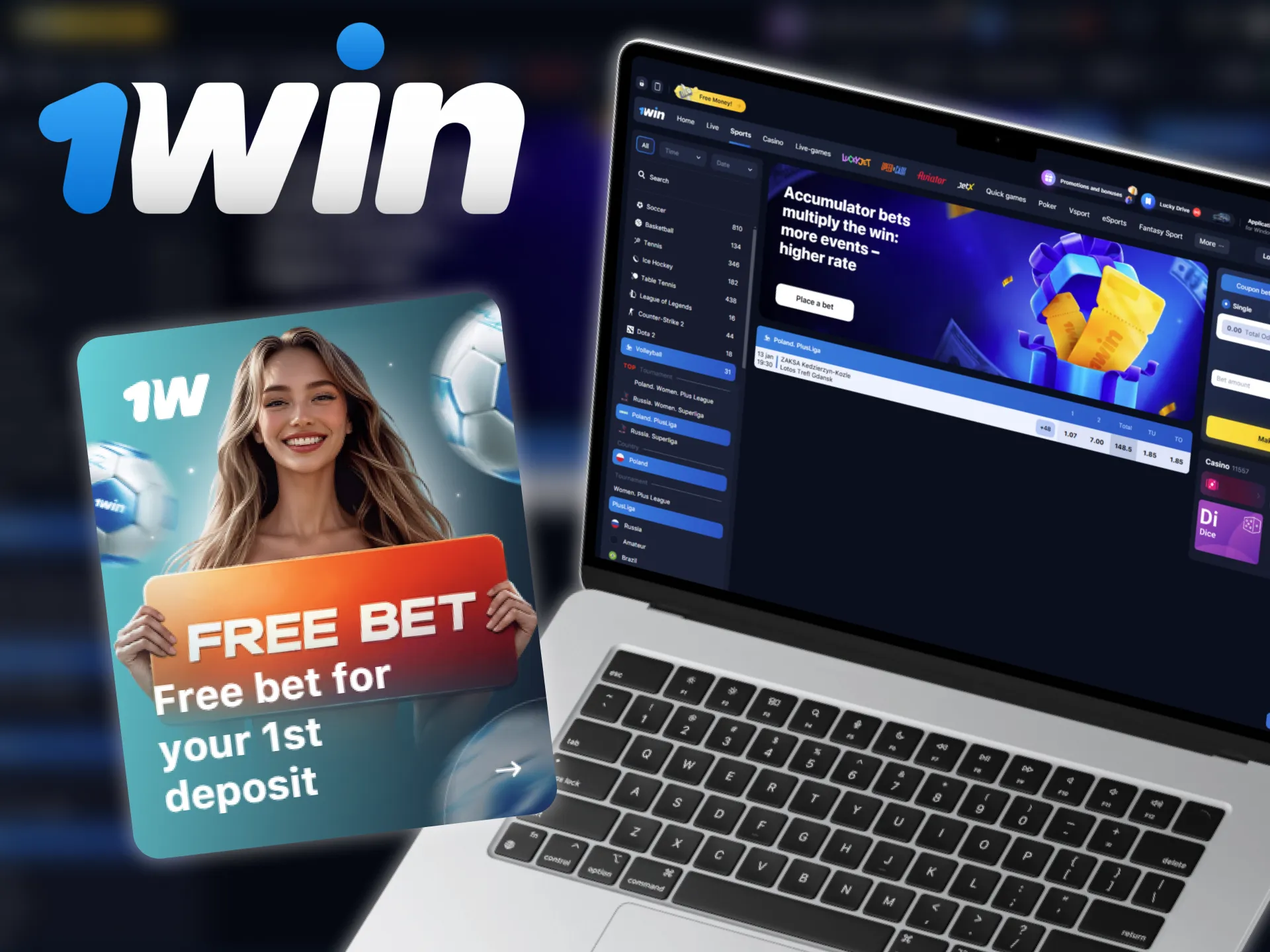 1win offers First Deposit Free Bet bonus for placing bets on volleyball.