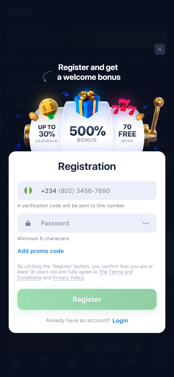 Register or log in to access slot games on 1win casino.