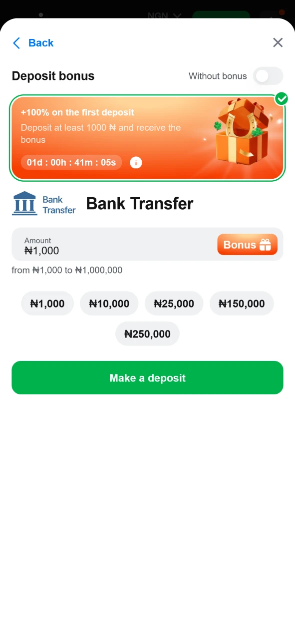 Add funds to your 1win account to start betting on sports.