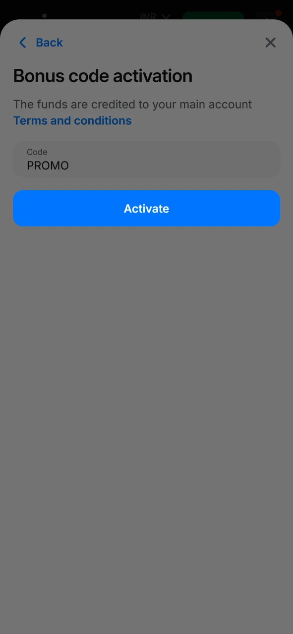 Tap the button to activate your 1win promo code.