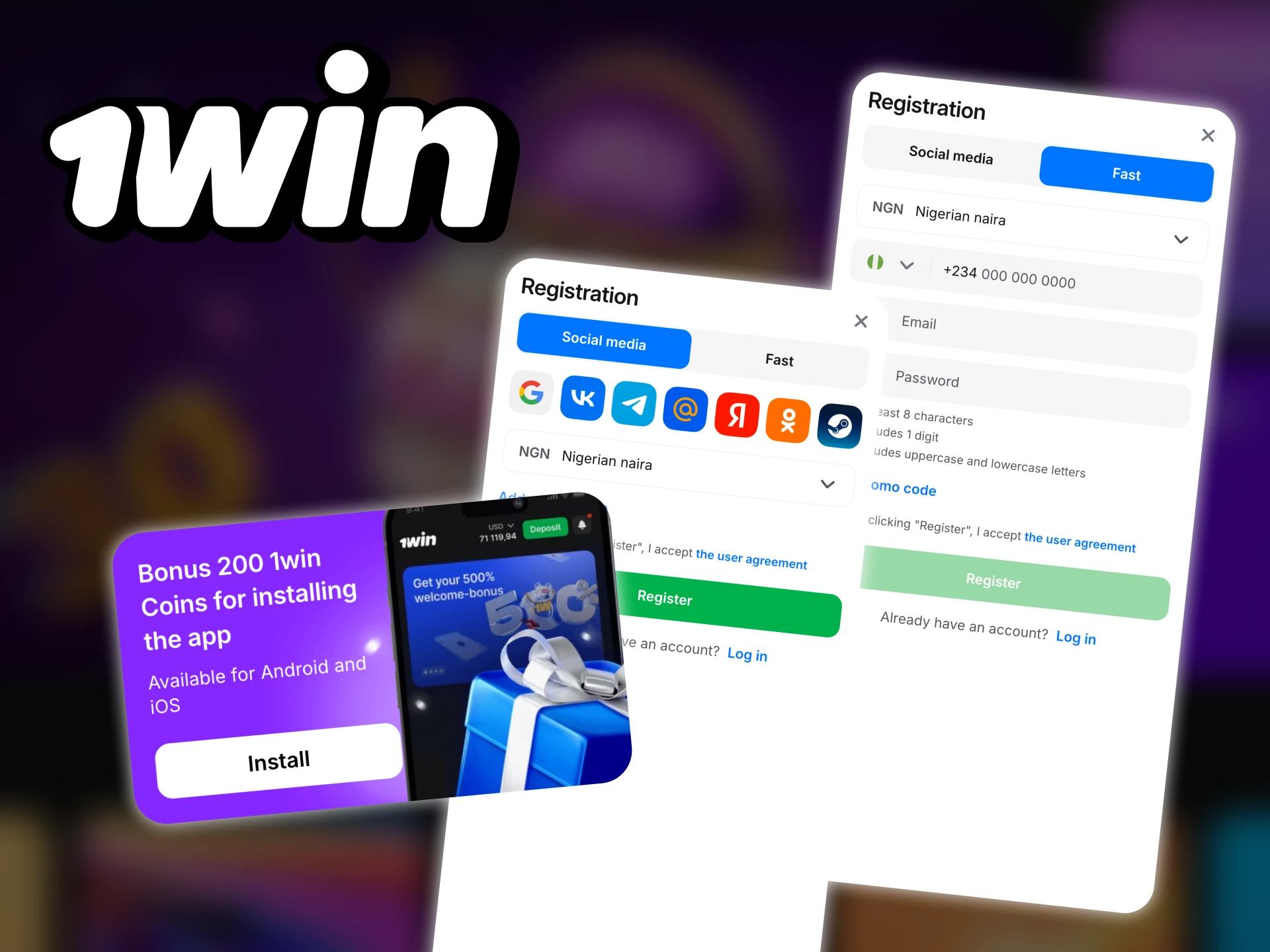 You can easily register using the 1Win application.