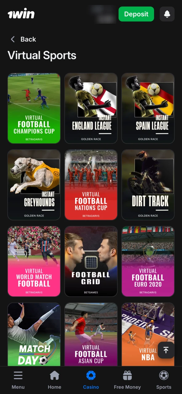 Select the game to play at 1Win virtual sports section.