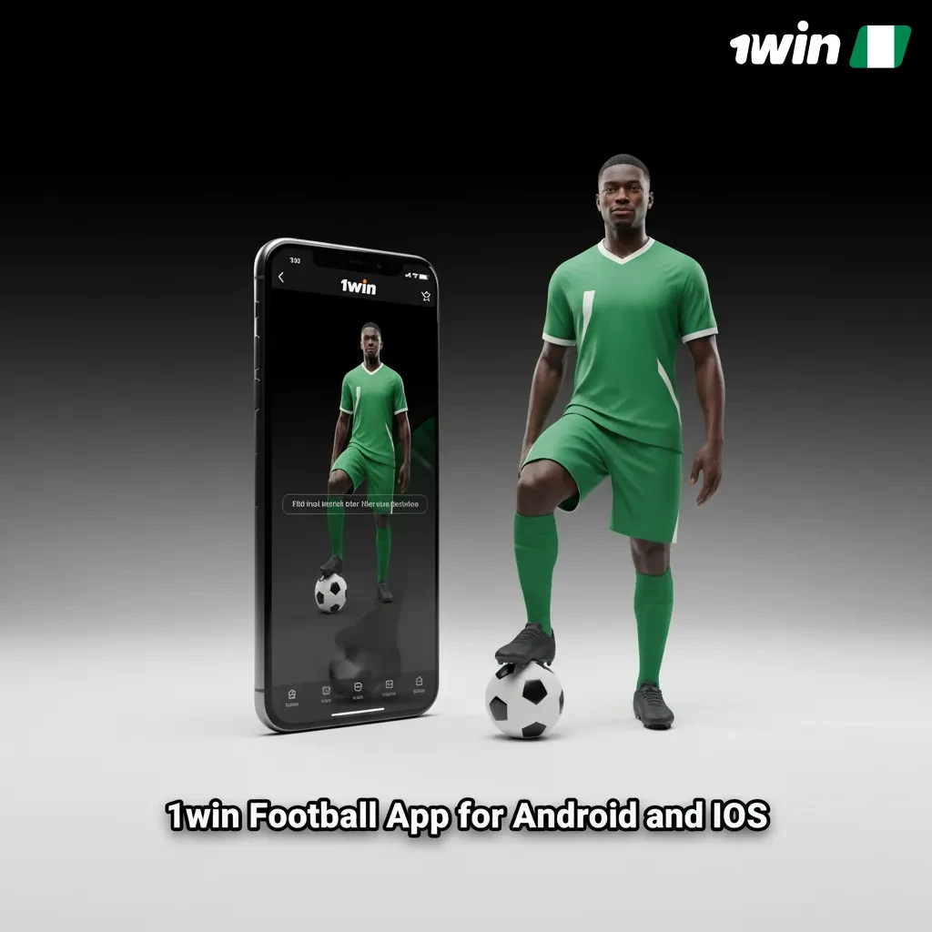 Android and iOS phones showing the 1win Football betting app with match odds, live stats, bet slip, and notifications