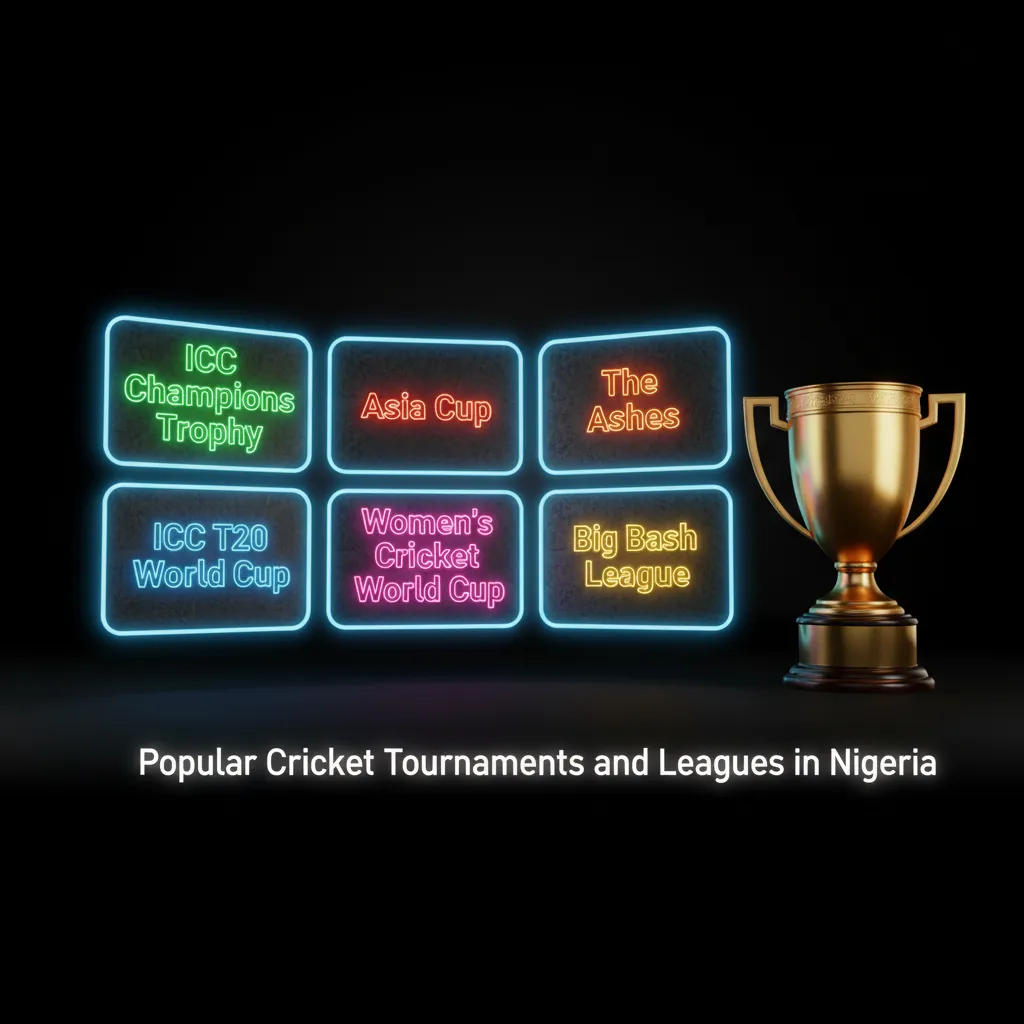Cricket betting graphic for Nigeria: World Cup, T20 World Cup, Ashes, IPL, other T20 leagues, and local fixtures.