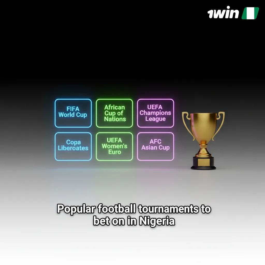 Collage of football tournament logos popular for betting in Nigeria: World Cup, AFCON, UCL, EPL, and NPFL.