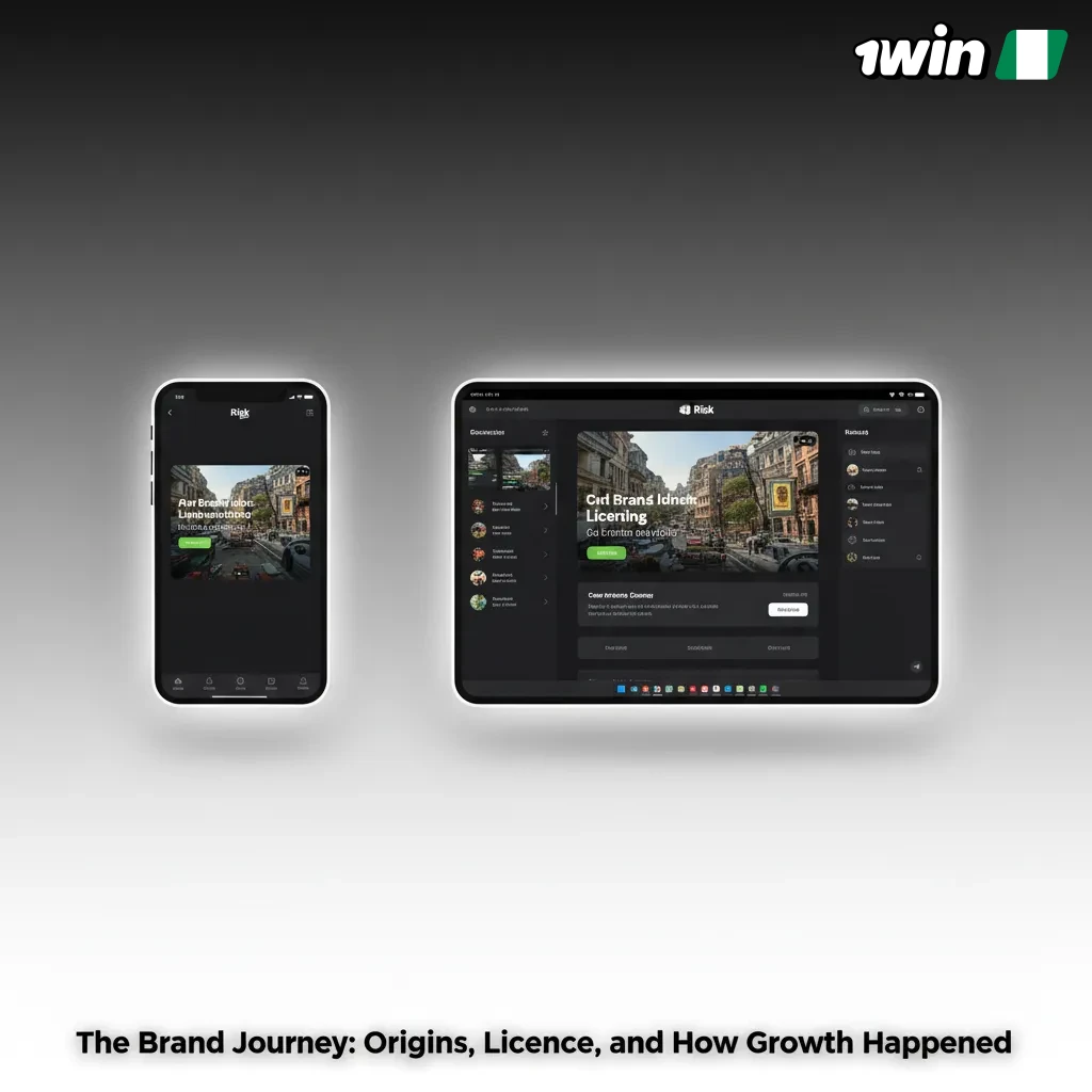 Infographic of 1win brand journey, Curacao eGaming licence, global operations, verifiable owner info, and promo channels.