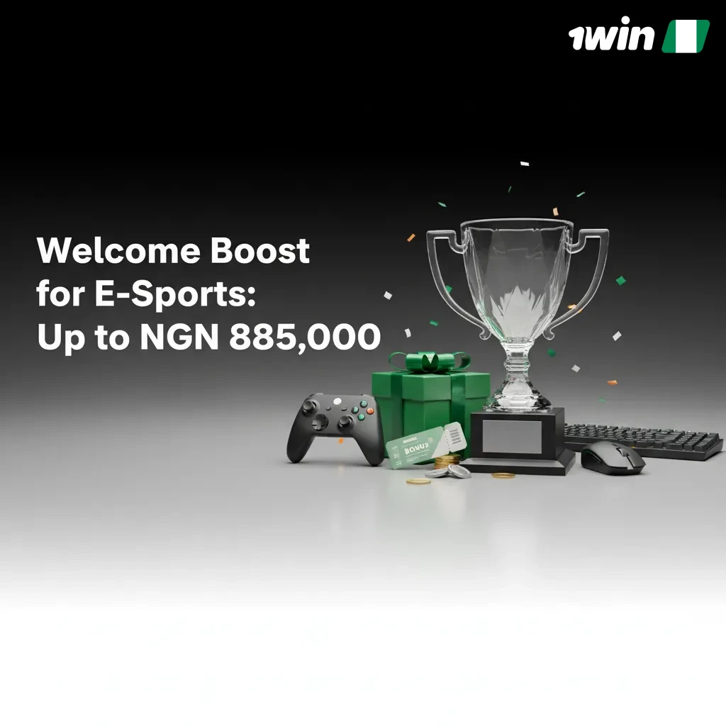 Promotional banner: 1win esports welcome boost, +500% up to NGN 885,000. New users register, verify, deposit to claim.