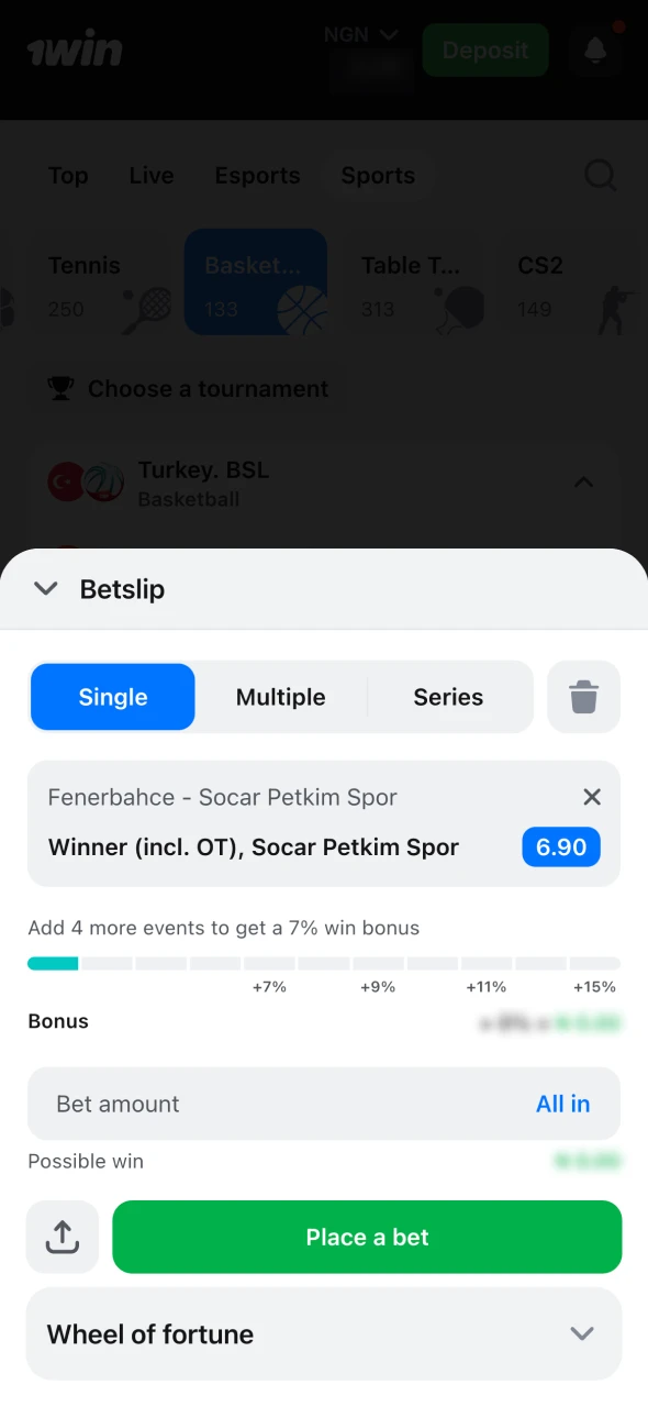 Select an event and place your basketball bet at 1Win.