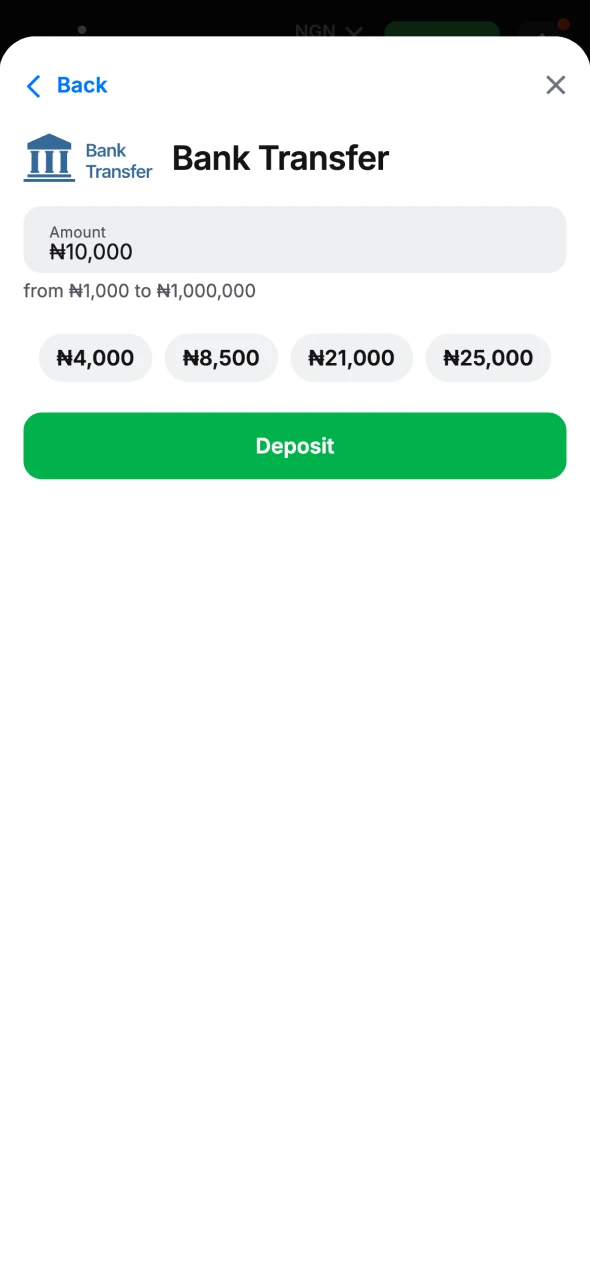 Make a deposit to make your 1Win bet.