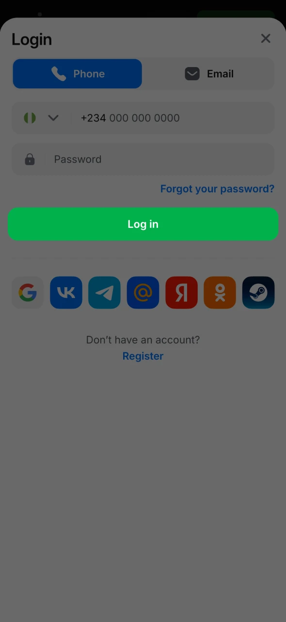 Log in to your 1Win account for football betting.