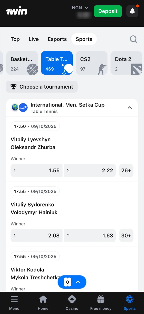 Find the sports at 1Win and click on table tennis.