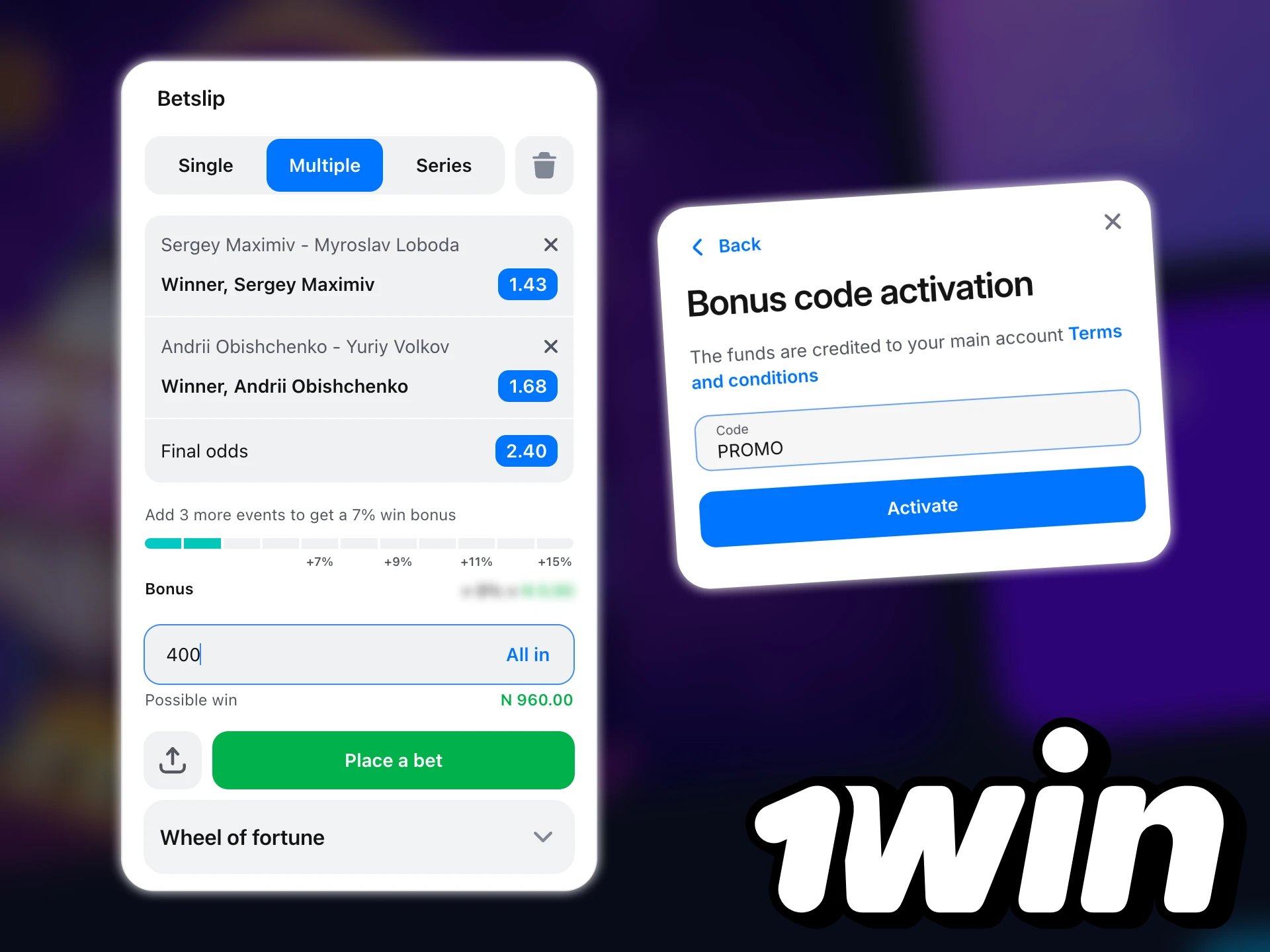 Use the 1win promo code to place bets on table tennis games.