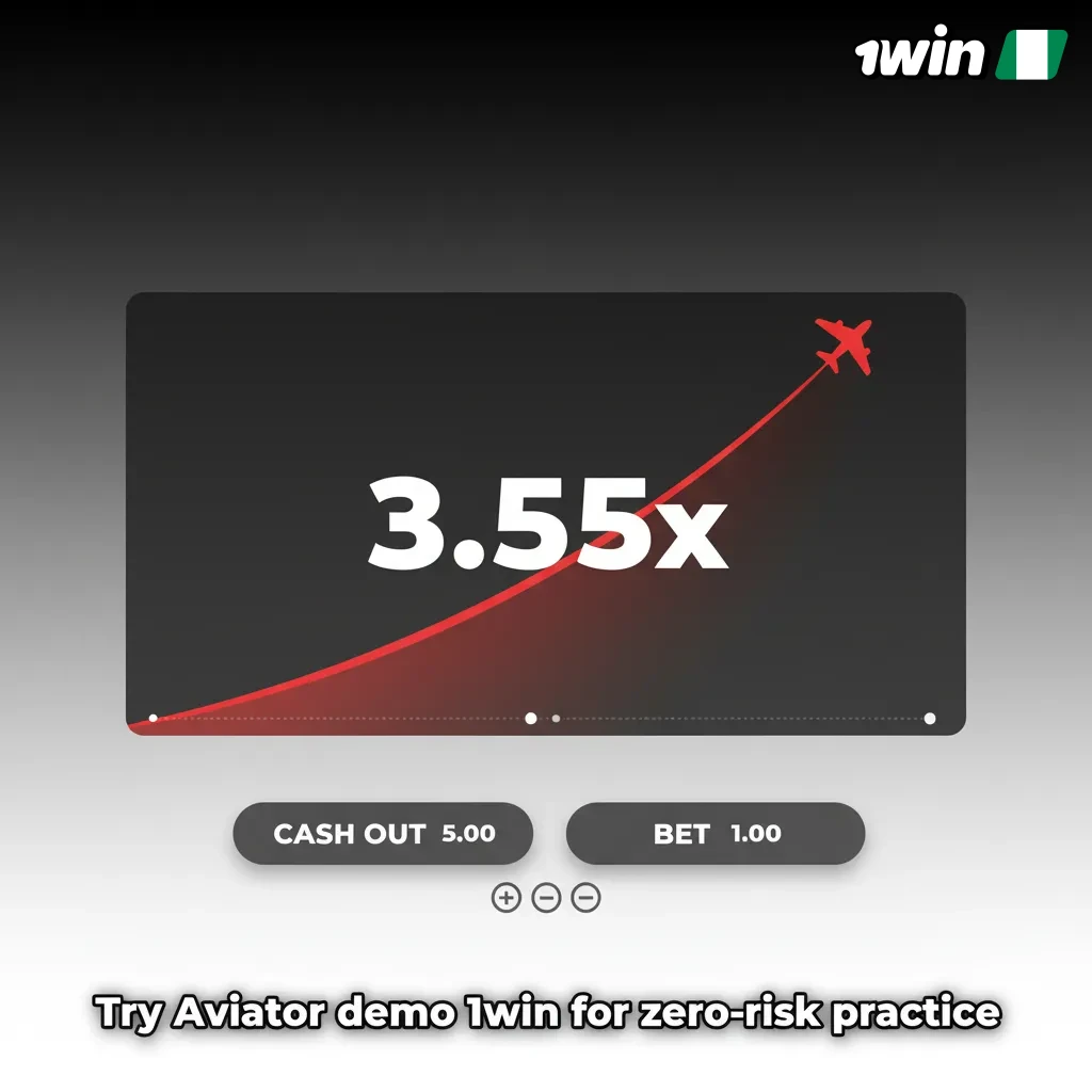 Aviator demo on 1win with rising multiplier graph; virtual money, timed cash-out practice, zero-risk.