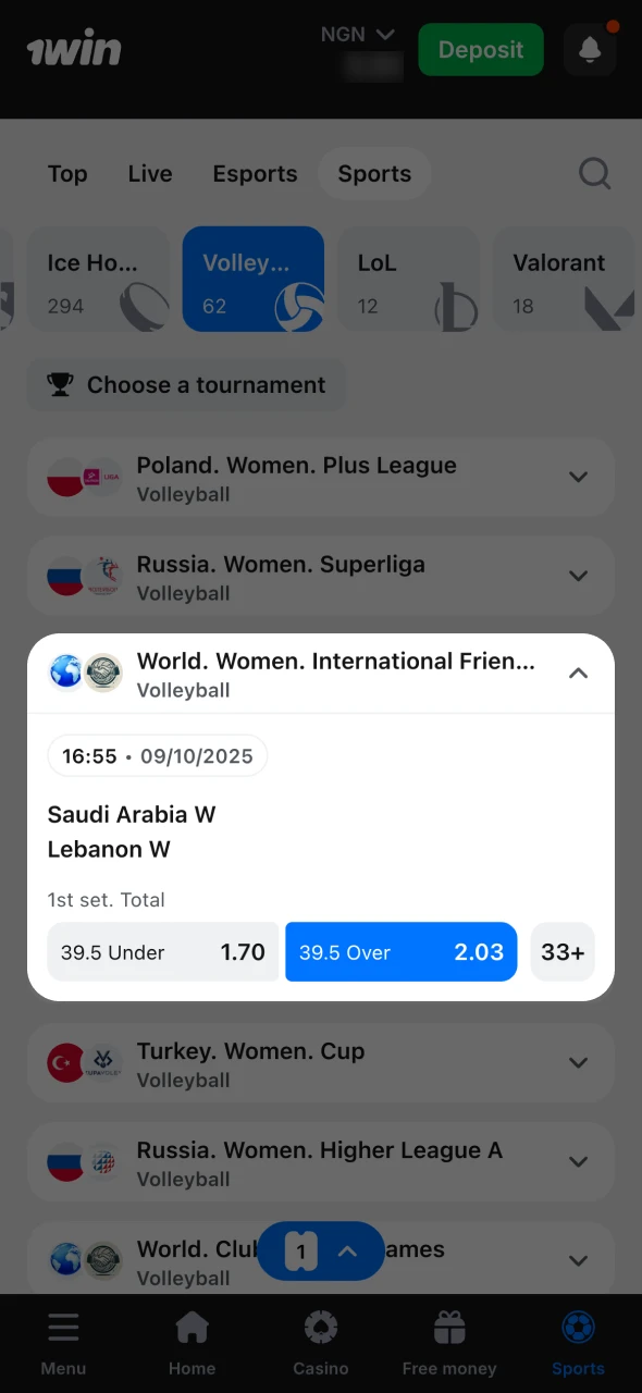 Pick the volleyball event you want to bet at 1Win.