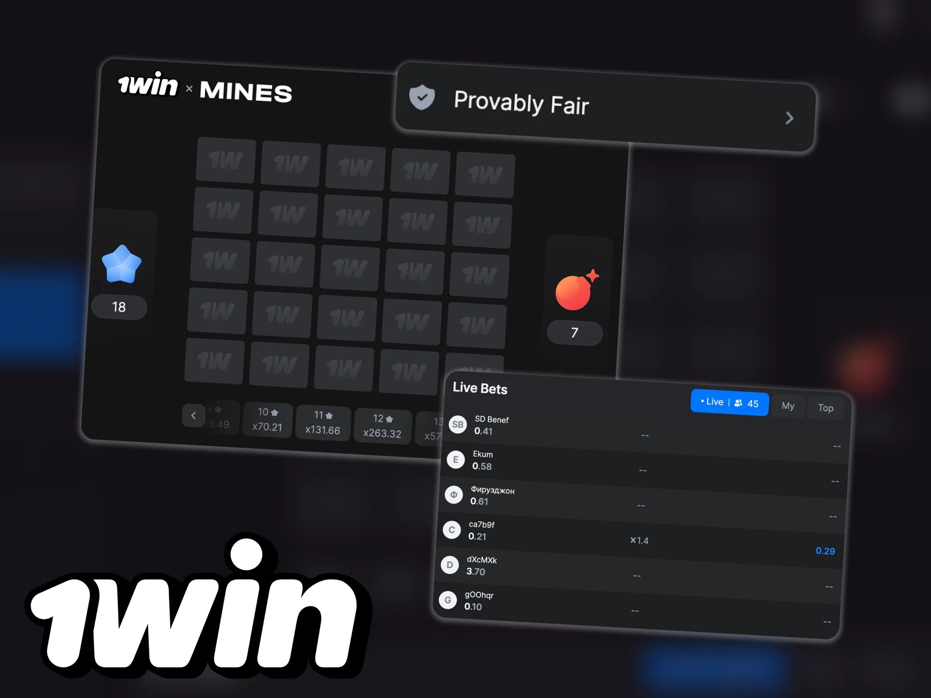 Mines is a very basic mini-game at 1win platform.
