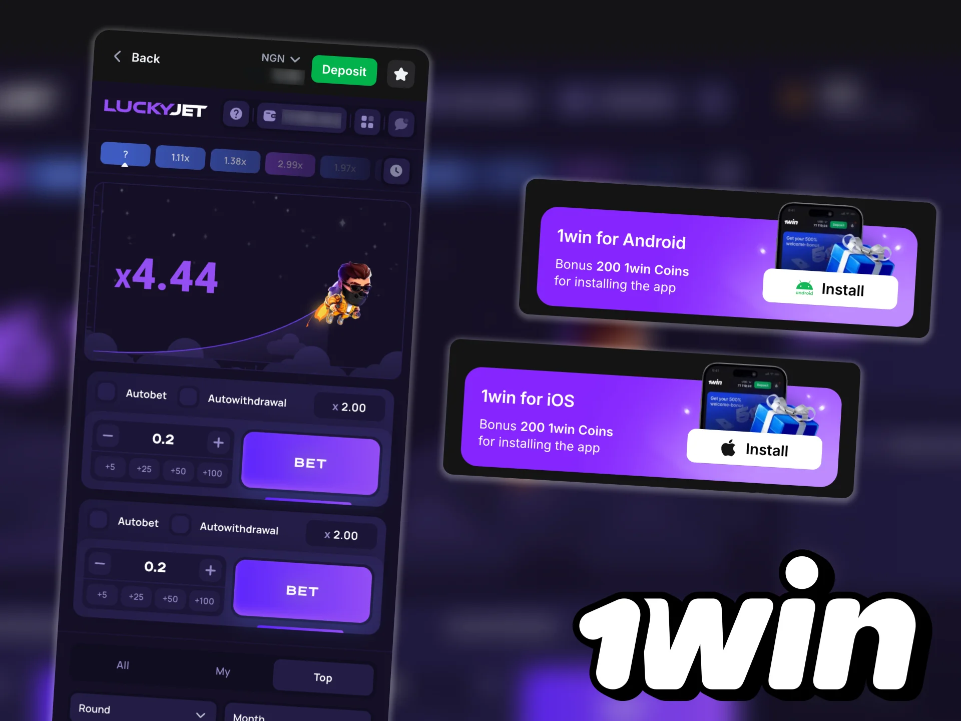 Play Lucky Jet in the 1win app.